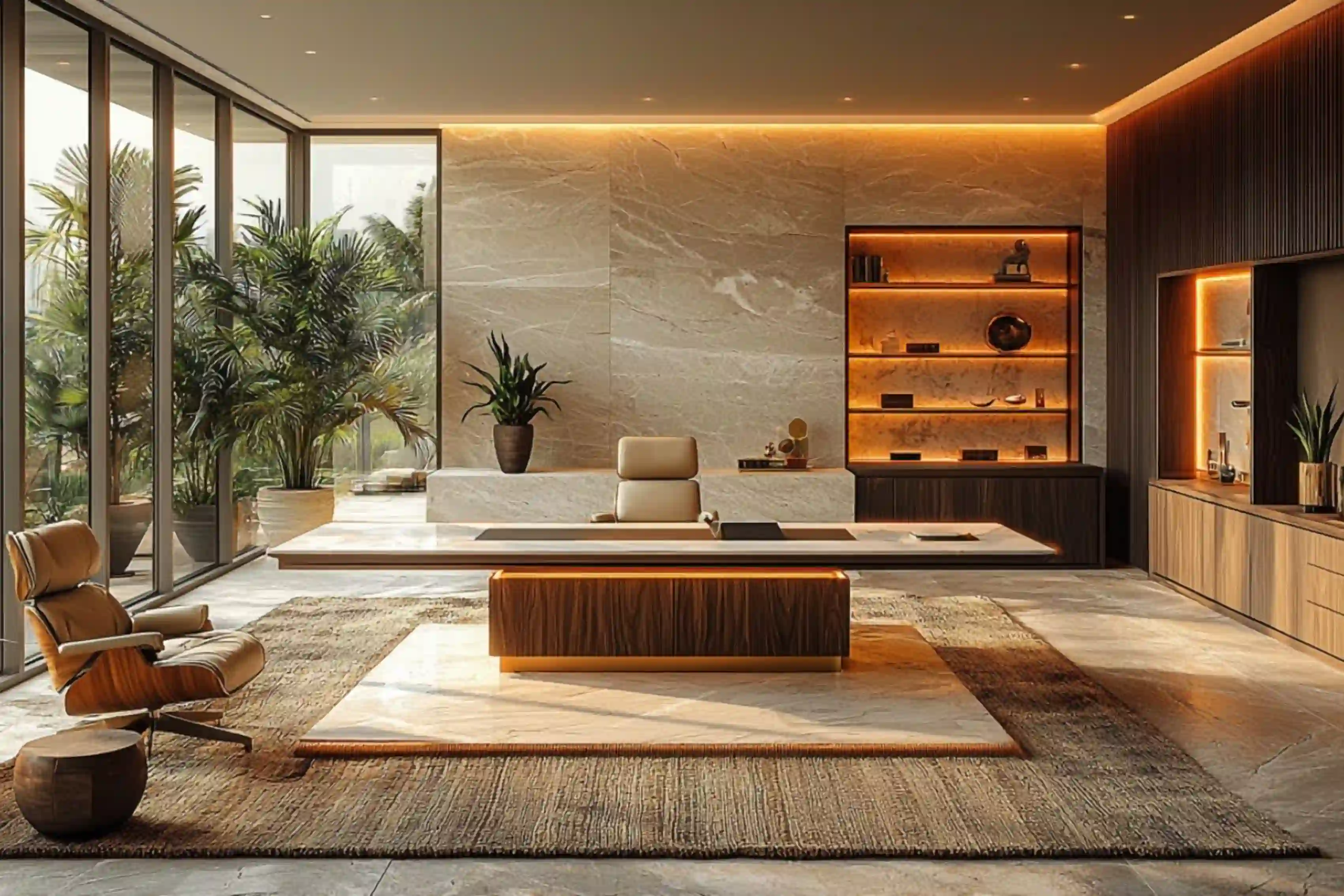 Ziggurat Corporate Project - Minimalist reception desk in natural stone and warm wood-paneled walls - AiSpaces.webp